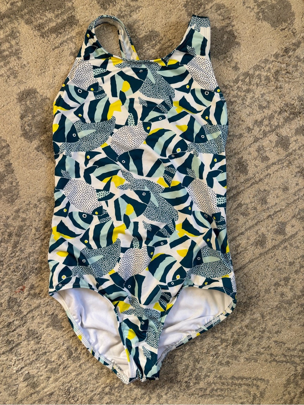 Lands' End Girls' One-Piece Swimsuit in Blue, Yellow & White Fish Print